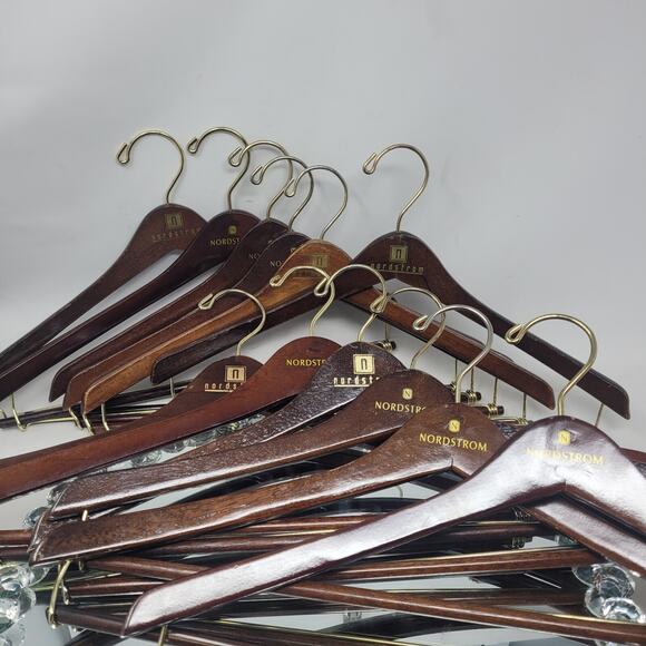 VTG Nordstrom Sturdy Wooden Hangers Mahogany Cherry Gloss Lot of 12 w Slack Bars - Picture 4 of 8